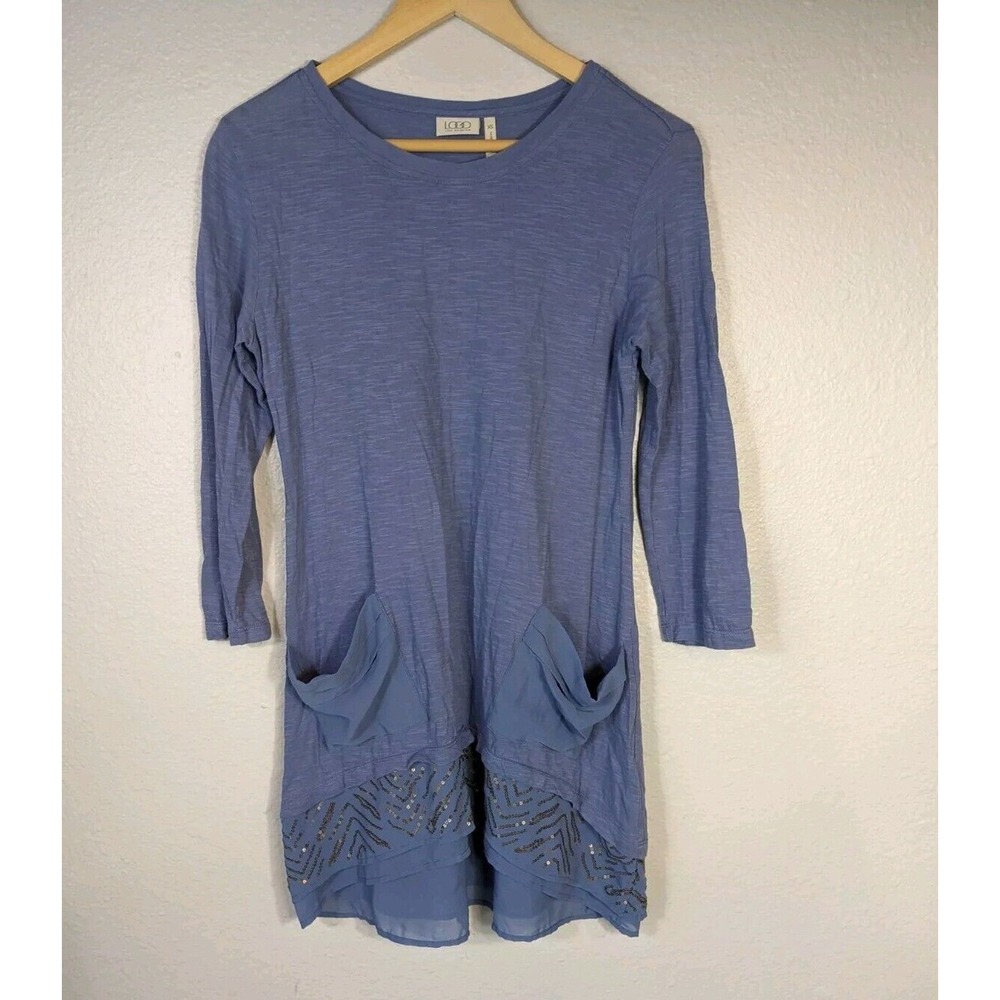 Logo By Lori Goldstein Sequin Blue Tunic Top 3/4‎ Sleeve Shirt Pocket Sz XS 339